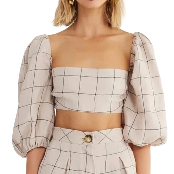 NWT Rumer Quinn Plaid 3/4 Puff Sleeves Linen Crop Top Back Clasp Closure M Ivory - Picture 14 of 15